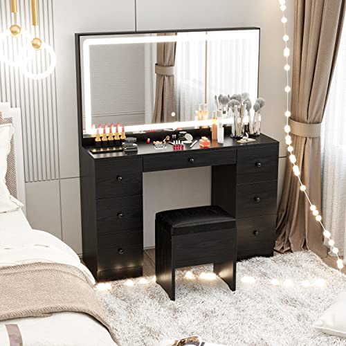 IRONCK Vanity Desk Set with LED Lighted Mirror & Power Outlet, 7 Drawers Makeup Vanities Dressing Table with Stool, for Bedroom, Black