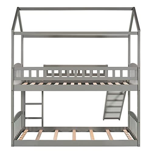 House Bunk Beds with Slide, Twin Over Twin Bunk Bed with Roof, Solid Wood Playhouse Bunk Bed for Kids Girls Boys Teens