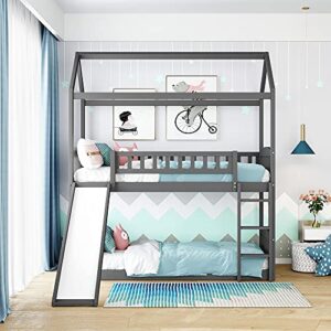 house bunk beds with slide, twin over twin bunk bed with roof, solid wood playhouse bunk bed for kids girls boys teens