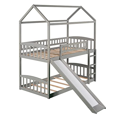 House Bunk Beds with Slide, Twin Over Twin Bunk Bed with Roof, Solid Wood Playhouse Bunk Bed for Kids Girls Boys Teens