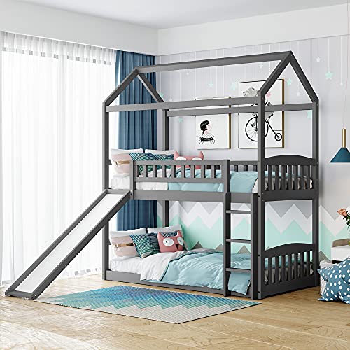 House Bunk Beds with Slide, Twin Over Twin Bunk Bed with Roof, Solid Wood Playhouse Bunk Bed for Kids Girls Boys Teens