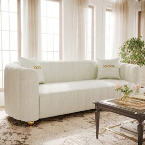 yunqishi keai 83.46" velvet couch for living room teddy large modern sofa with gold metal sphere legs office upholstered comfy 3 seater couches cute sherpa bedroom furniture (teddy cream white)