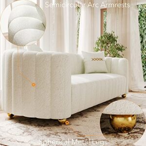 yunqishi KEAI 83.46" Velvet Couch for Living Room Teddy Large Modern Sofa with Gold Metal Sphere Legs Office Upholstered Comfy 3 Seater Couches Cute Sherpa Bedroom Furniture (Teddy Cream White)