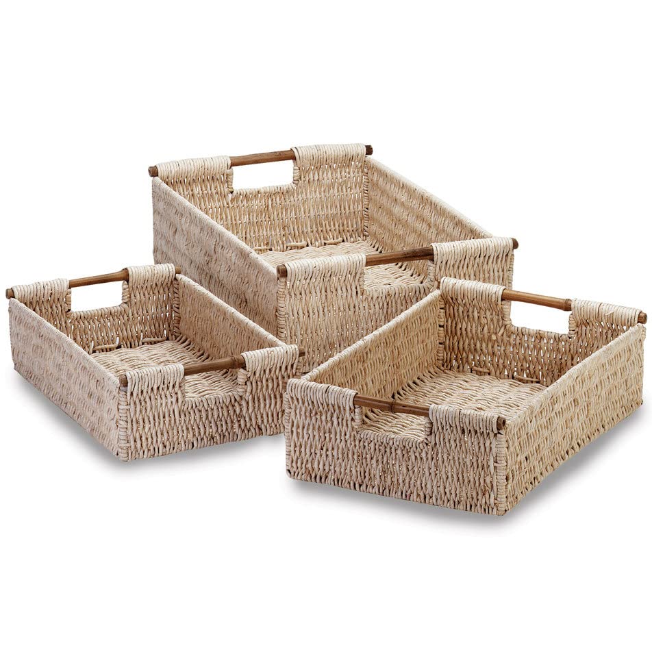 SecondBoy Set of 3 Natural Finish Storage Bin Corn Husk Nesting Basket Woven Side Cutout Bamboo Handle