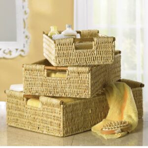 SecondBoy Set of 3 Natural Finish Storage Bin Corn Husk Nesting Basket Woven Side Cutout Bamboo Handle