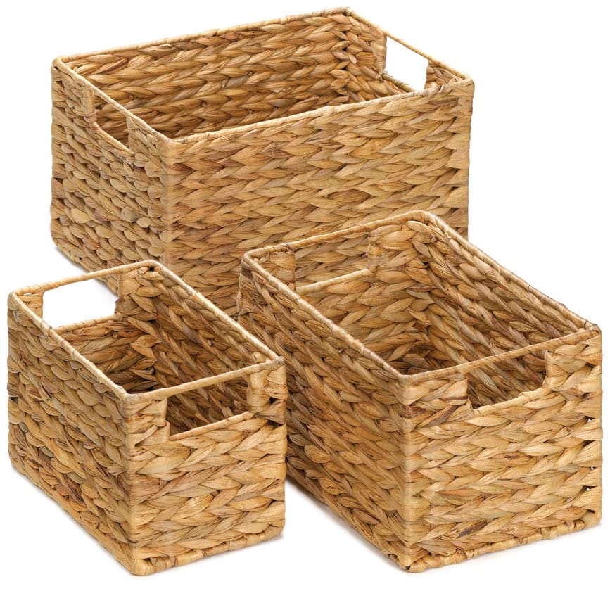 SecondBoy Set of 3 Natural Brown Finish Storage Bin Hyacinth Nesting Basket Woven Side Cutout Handle