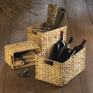 SecondBoy Set of 3 Natural Brown Finish Storage Bin Hyacinth Nesting Basket Woven Side Cutout Handle