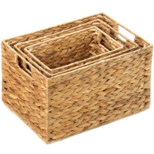 SecondBoy Set of 3 Natural Brown Finish Storage Bin Hyacinth Nesting Basket Woven Side Cutout Handle