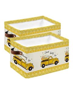 storage baskets for organizing, toy box chest farm sweet honey bee truck daisy yellow buffalo plaid foldable cube storage bin with 2 leather handles set of 2