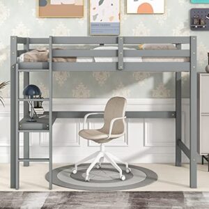 lch loft bed with built-in desk, solid wood frame for kids teens adults (twin size, grey)