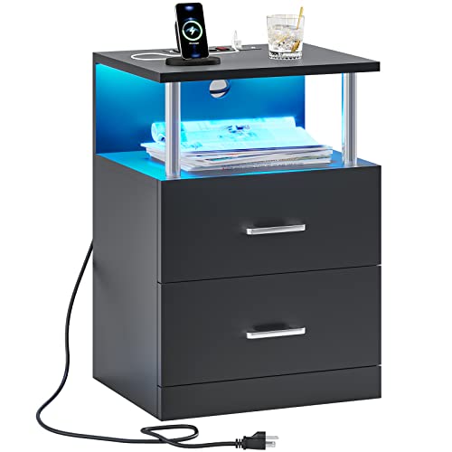 VIAGDO LED Nightstand with Charging Station and USB Ports, Black Night Stand with 2 Drawers, Modern End Side Tables with Open Storage, Bedside Tables for Bedroom, Office