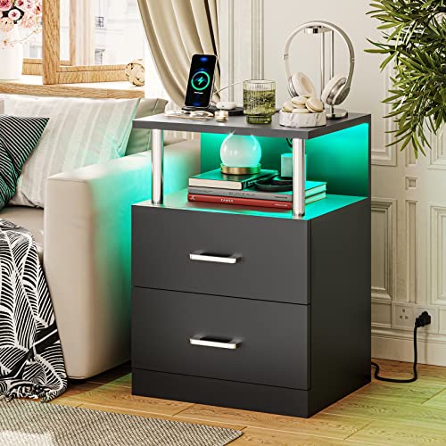 VIAGDO LED Nightstand with Charging Station and USB Ports, Black Night Stand with 2 Drawers, Modern End Side Tables with Open Storage, Bedside Tables for Bedroom, Office