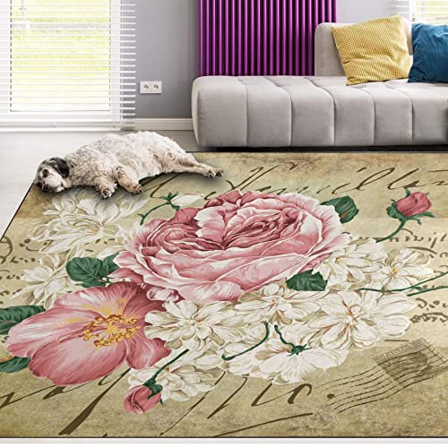 Oueoty Vintage Shabby Rose Flower Floral Area Rug Rugs for Living Room Bedroom 1.5x2.5ft/18x30in/45x75cm