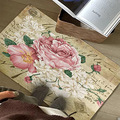 Oueoty Vintage Shabby Rose Flower Floral Area Rug Rugs for Living Room Bedroom 1.5x2.5ft/18x30in/45x75cm