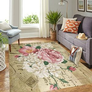 Oueoty Vintage Shabby Rose Flower Floral Area Rug Rugs for Living Room Bedroom 1.5x2.5ft/18x30in/45x75cm