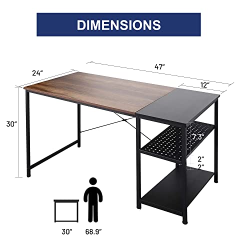 dreamlify Computer Desk 47 x 24 Inches - Home Office Study Writing Work Table Thicken Table Top with Two Shelves, Easy Assembly, Brown