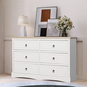 aileekiss white dresser for bedroom modern 6 drawers dresser with metal handles wood storage chest of drawers for bedroom, living room, hallway, entryway, closet (natural white)