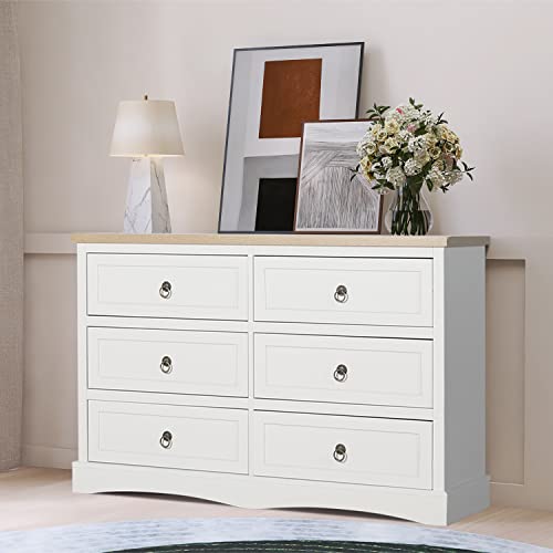 AILEEKISS White Dresser for Bedroom Modern 6 Drawers Dresser with Metal Handles Wood Storage Chest of Drawers for Bedroom, Living Room, Hallway, Entryway, Closet (Natural White)