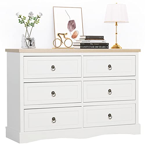 AILEEKISS White Dresser for Bedroom Modern 6 Drawers Dresser with Metal Handles Wood Storage Chest of Drawers for Bedroom, Living Room, Hallway, Entryway, Closet (Natural White)