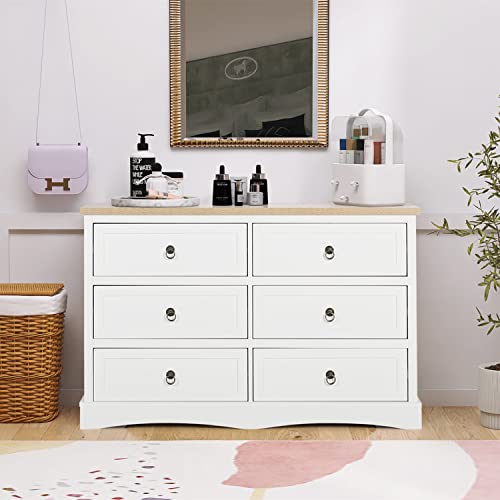 AILEEKISS White Dresser for Bedroom Modern 6 Drawers Dresser with Metal Handles Wood Storage Chest of Drawers for Bedroom, Living Room, Hallway, Entryway, Closet (Natural White)