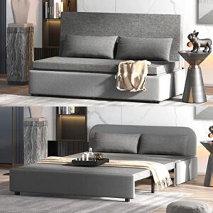 mjkone pull out sofa bed, 2-in-1 modern convertible sleeper sofa couch, queen size linen revesible couch bed with cushions&throw pillows for small place/apartment/living room/office (dark gray)