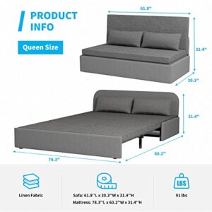 Mjkone Pull Out Sofa Bed, 2-in-1 Modern Convertible Sleeper Sofa Couch, Queen Size Linen Revesible Couch Bed with Cushions&Throw Pillows for Small Place/Apartment/Living Room/Office (Dark Gray)