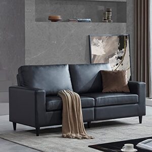 hyc mid-century leather living room, modern style upholstered 3-seater sofa couch for home or office, black pu