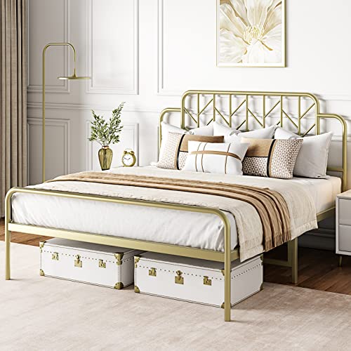 IDEALHOUSE Gold Full Size Platform Bed Frame with Headboard and Footboard, 12.6 Inches Metal Mattress Foundation for Storage, No Box Spring Needed, Easy Assembly, Modern Design, Branch