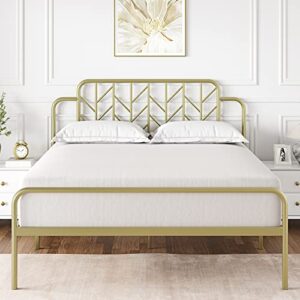 IDEALHOUSE Gold Full Size Platform Bed Frame with Headboard and Footboard, 12.6 Inches Metal Mattress Foundation for Storage, No Box Spring Needed, Easy Assembly, Modern Design, Branch