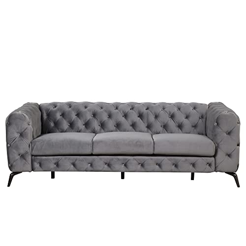 i-POOK 85.5" Chesterfield Sofa, Velvet Upholstered Sofa with Button Tufted Back and Sturdy Metal Legs, Modern Sofa Couch 3 Seater Sofa for Living Room Apartment Home Office, Gray