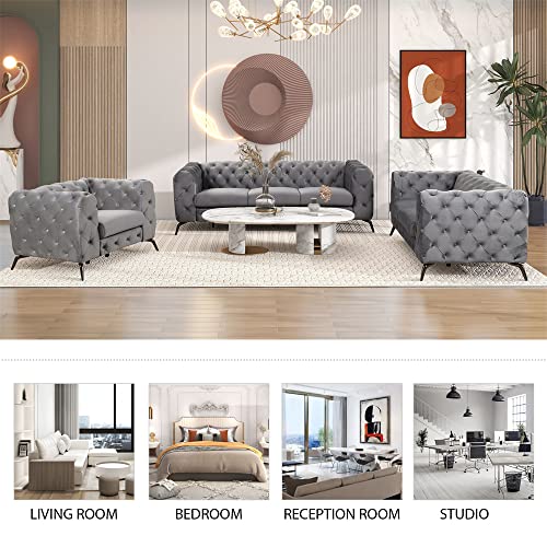 i-POOK 85.5" Chesterfield Sofa, Velvet Upholstered Sofa with Button Tufted Back and Sturdy Metal Legs, Modern Sofa Couch 3 Seater Sofa for Living Room Apartment Home Office, Gray