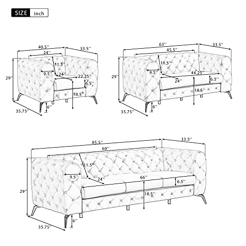 i-POOK 85.5" Chesterfield Sofa, Velvet Upholstered Sofa with Button Tufted Back and Sturdy Metal Legs, Modern Sofa Couch 3 Seater Sofa for Living Room Apartment Home Office, Gray