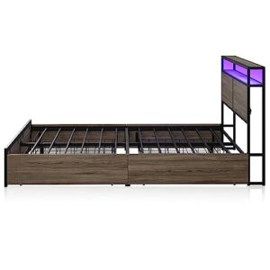 BELLEZE Full Size Bed Frame with 2-Tier Storage Headboard and 4 Drawers Under Bed, Sturdy Metal Platform Bed with Remote Control RGB LED Light and Ultra-Fast USB Type A/C Outlet, No Box Spring Needed