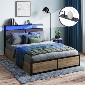 belleze full size bed frame with 2-tier storage headboard and 4 drawers under bed, sturdy metal platform bed with remote control rgb led light and ultra-fast usb type a/c outlet, no box spring needed
