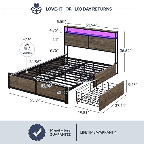 BELLEZE Full Size Bed Frame with 2-Tier Storage Headboard and 4 Drawers Under Bed, Sturdy Metal Platform Bed with Remote Control RGB LED Light and Ultra-Fast USB Type A/C Outlet, No Box Spring Needed