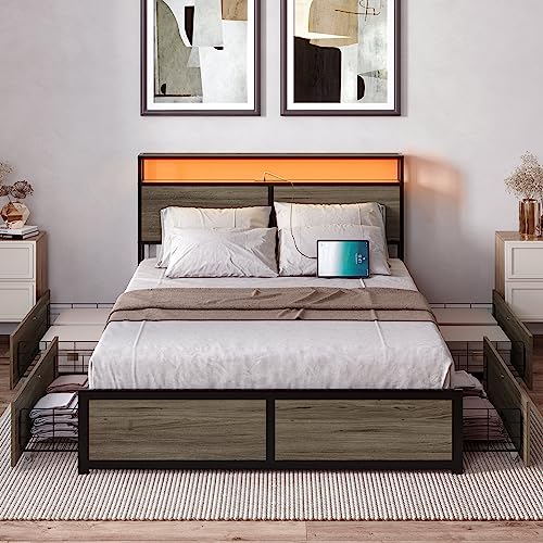 BELLEZE Full Size Bed Frame with 2-Tier Storage Headboard and 4 Drawers Under Bed, Sturdy Metal Platform Bed with Remote Control RGB LED Light and Ultra-Fast USB Type A/C Outlet, No Box Spring Needed