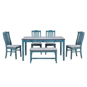 SIYSNKSI Mid-Century 6-Piece Dining Table Set with 4 Upholstered Dining Chairs and Bench, Wood Rectangular Dining Table with Drawer for Kitchen Living Room, Dining Table Set for 6 (Antique Blue)