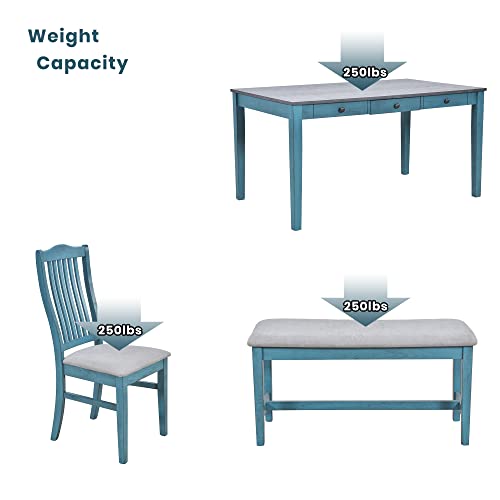 SIYSNKSI Mid-Century 6-Piece Dining Table Set with 4 Upholstered Dining Chairs and Bench, Wood Rectangular Dining Table with Drawer for Kitchen Living Room, Dining Table Set for 6 (Antique Blue)