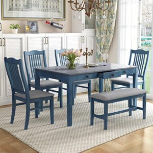 siysnksi mid-century 6-piece dining table set with 4 upholstered dining chairs and bench, wood rectangular dining table with drawer for kitchen living room, dining table set for 6 (antique blue)