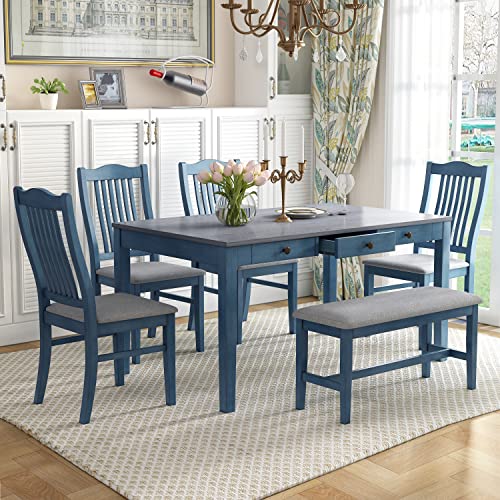 SIYSNKSI Mid-Century 6-Piece Dining Table Set with 4 Upholstered Dining Chairs and Bench, Wood Rectangular Dining Table with Drawer for Kitchen Living Room, Dining Table Set for 6 (Antique Blue)