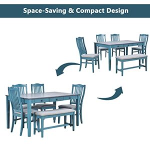 SIYSNKSI Mid-Century 6-Piece Dining Table Set with 4 Upholstered Dining Chairs and Bench, Wood Rectangular Dining Table with Drawer for Kitchen Living Room, Dining Table Set for 6 (Antique Blue)