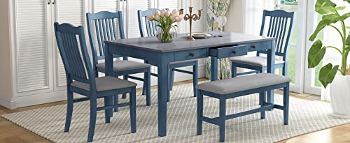 SIYSNKSI Mid-Century 6-Piece Dining Table Set with 4 Upholstered Dining Chairs and Bench, Wood Rectangular Dining Table with Drawer for Kitchen Living Room, Dining Table Set for 6 (Antique Blue)