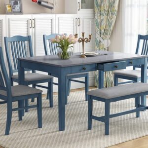 SIYSNKSI Mid-Century 6-Piece Dining Table Set with 4 Upholstered Dining Chairs and Bench, Wood Rectangular Dining Table with Drawer for Kitchen Living Room, Dining Table Set for 6 (Antique Blue)