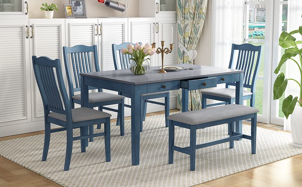 SIYSNKSI Mid-Century 6-Piece Dining Table Set with 4 Upholstered Dining Chairs and Bench, Wood Rectangular Dining Table with Drawer for Kitchen Living Room, Dining Table Set for 6 (Antique Blue)