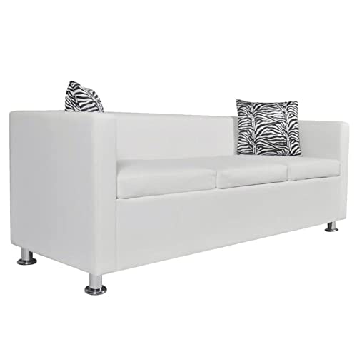 JOYALY Modern White Leather Couch - 3 Seater Faux Leather Sofa for Comfortable Affordable Living Room Furniture with Elegant Design and Easy to Clean Surface