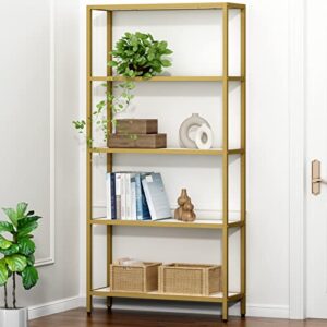 gyfimoie book shelf and bookcase, gold triple wide 5 tiers large open bookshelf, 70.87" w x 70.87" h etagere bookcases for home office decor, easy assembly (all white)