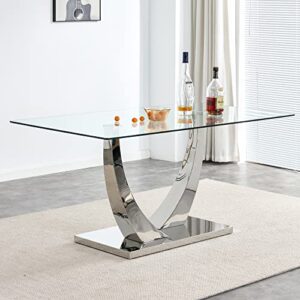 63" modern glass dining table for 4-6, contemporary rectangular kitchen dining room table with tempered glass tabletop and metal pedestal base, large long dining room pedestal table