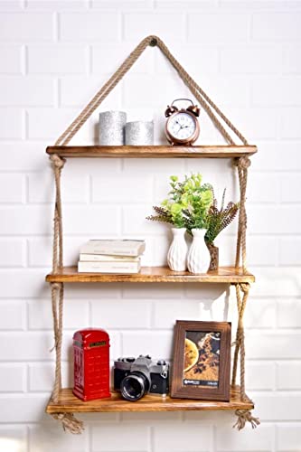 Varnished Retro Wood 3' Eye Rope Wall Shelf Bookcase Flower Holder, Home Wall Wood Shelf