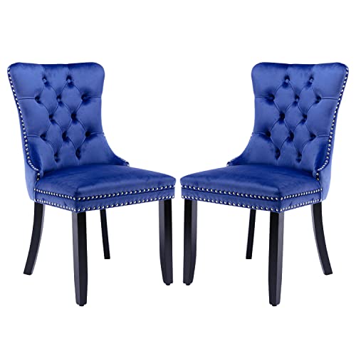 Fangflower Velvet Upholstered Kitchen Room Dining Chairs Set of 2, Blue