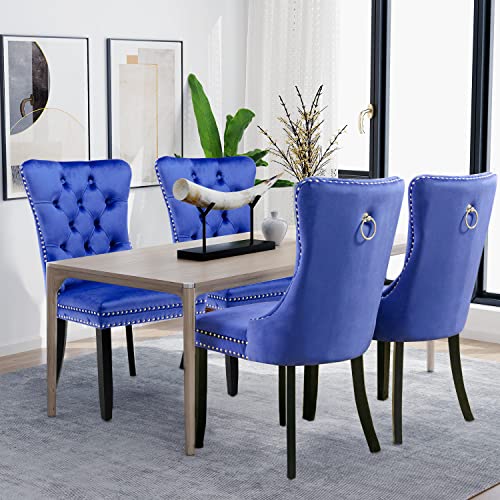 Fangflower Velvet Upholstered Kitchen Room Dining Chairs Set of 2, Blue